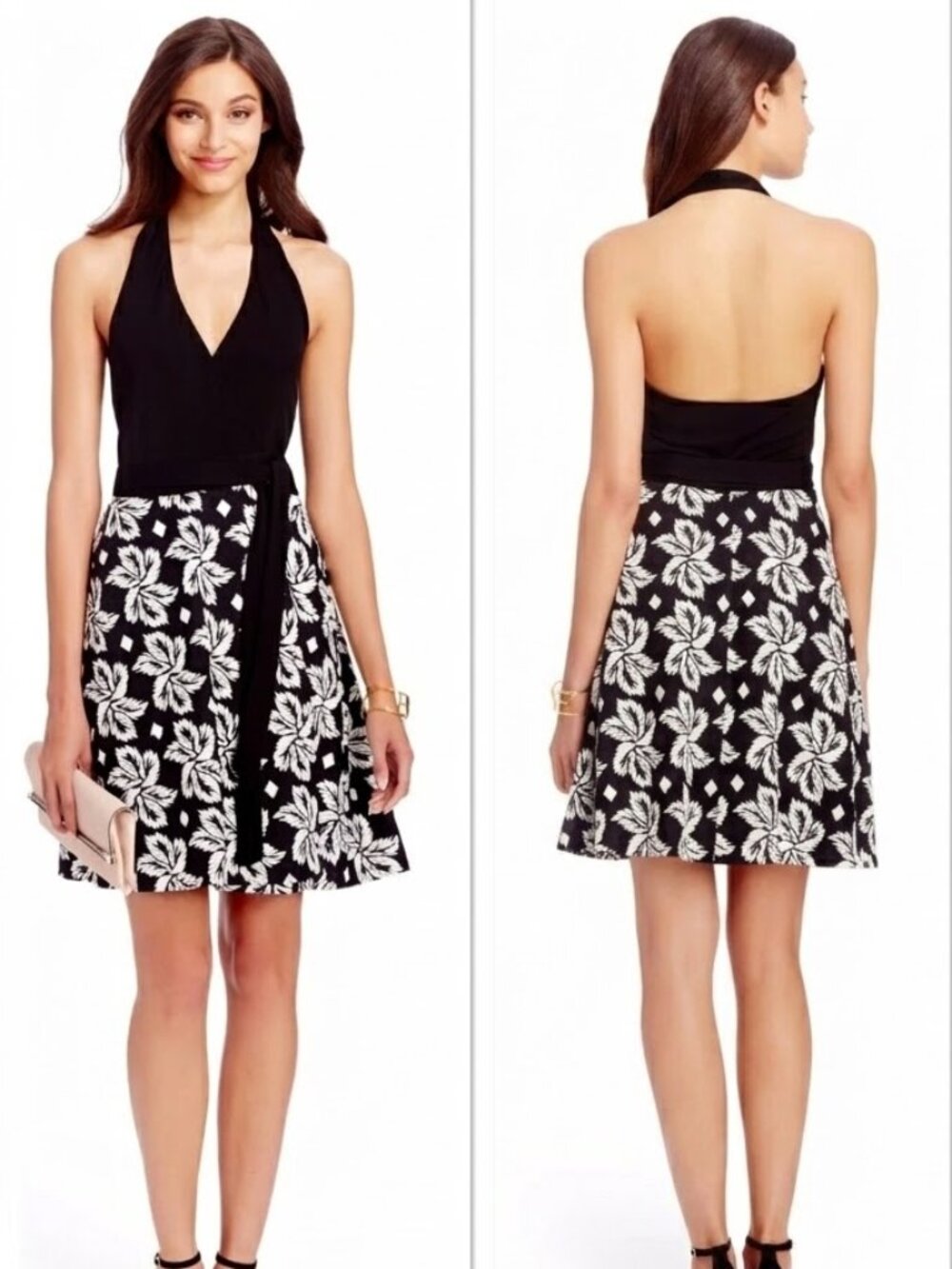 Diane Von Furstenberg Amelia Black Giant Leaf Floral Halter Wrap Dress NWT $468